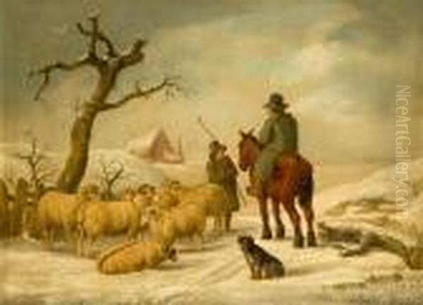 Figures And Sheep In A Wintry Landscape Oil Painting by George Morland