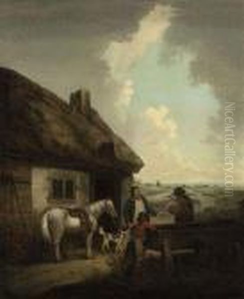 Figures Conversing Outside A Cottage Oil Painting by George Morland