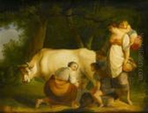 A Mother And Children Watching A Woman Milking A Cow Oil Painting by George Morland