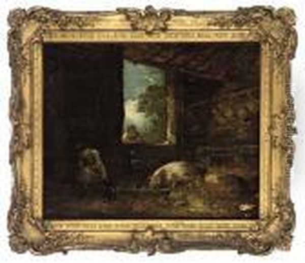 Peasants In A Stable With Pigs Oil Painting by George Morland