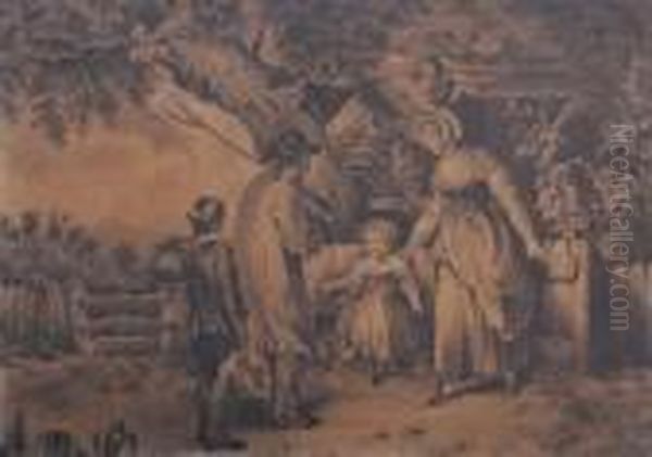 Figures Outside A Cottage Oil Painting by George Morland