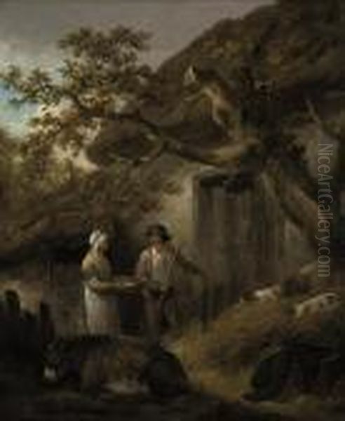 A Man And A Woman Outside A Cottage With Pigs And A Donkey Oil Painting by George Morland