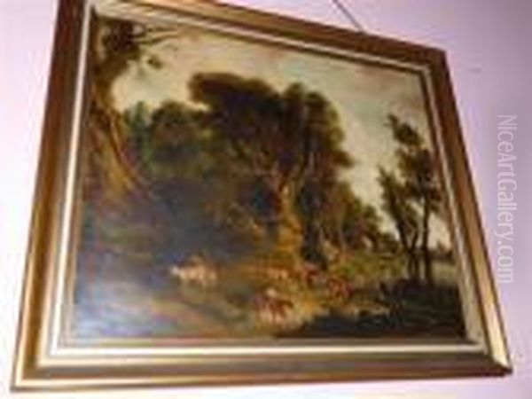 Figures With Cattle In A Wooded Landscape Oil Painting by George Morland