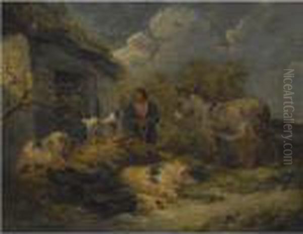 A Farm Boy With A Dog, Pigs And A Donkey Oil Painting by George Morland