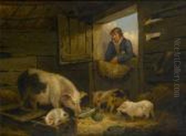 A Boy Looking Into A Pigsty Oil Painting by George Morland