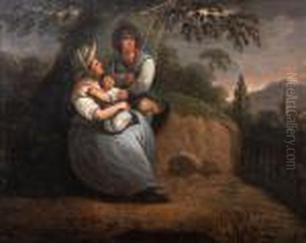 A Family Sheltering From A Thunderstorm Oil Painting by George Morland