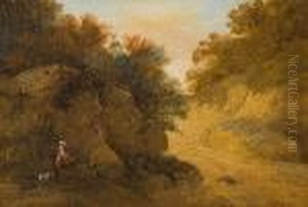 Figure And Dog On A Path In A Rocky Landscape Oil Painting by George Morland