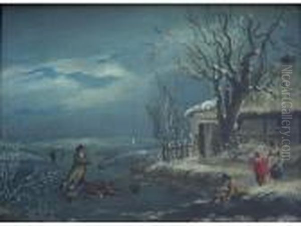 Skaters On A Lake Oil Painting by George Morland