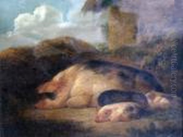 A Sow And Her Piglets Resting Beside A Thatched Barn by George Morland