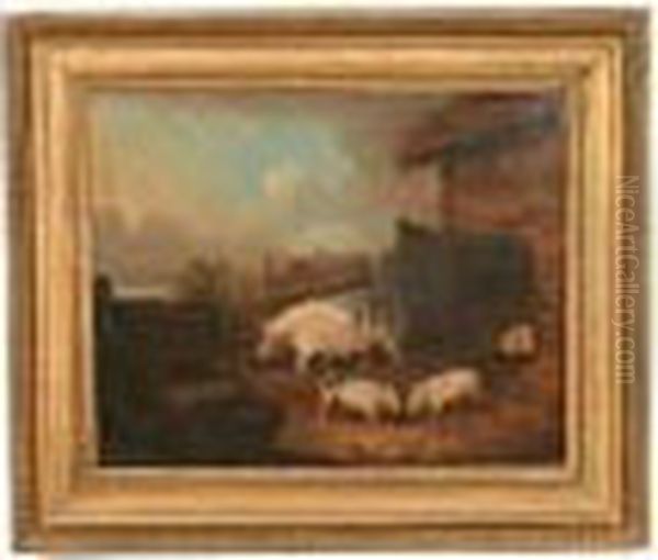 Pigs In A Farmyard Sty Oil Painting by George Morland