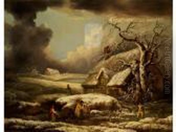 Winterlandschaft Mit Tief 
Verschneiten Bauernhausern Und Reisigsammlern Unter Bewegtem 
Wolkenhimmel Oil Painting by George Morland