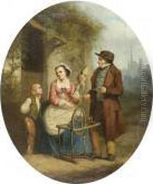 Woman At A Spinning Wheel And Family Oil Painting by George Morland