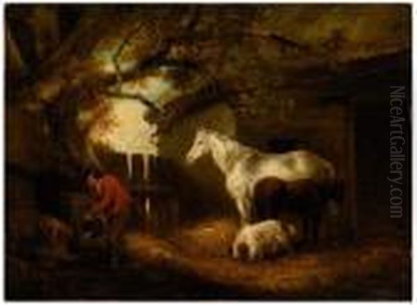 Farmer Watering Pigs In A Barnyard With Horses And Dog Oil Painting by George Morland