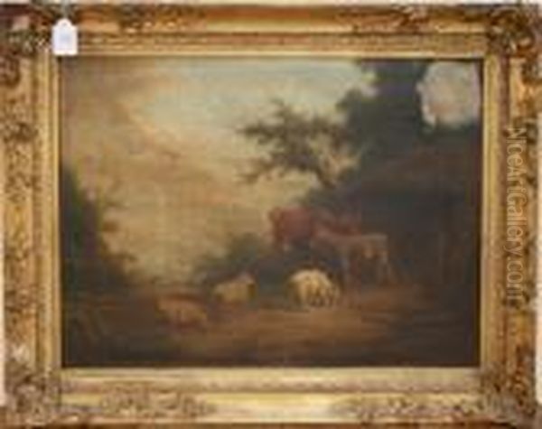 Landscape With Cow, Donkey, Goat And Sheep Near A Boy In A Stable Oil Painting by George Morland