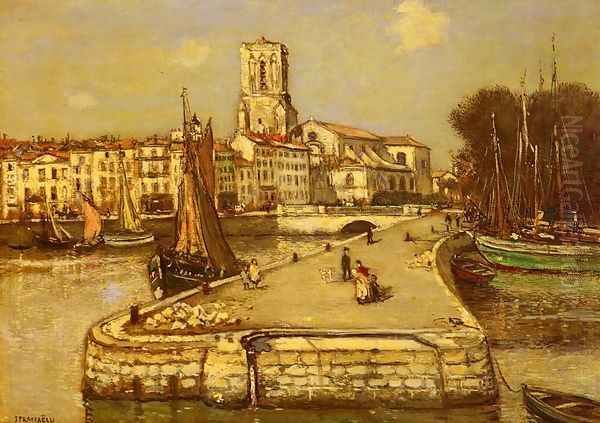 A Sunlit Port Oil Painting by Jean-Francois Raffaelli