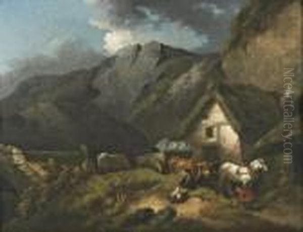 A Slate Quarry With Figures Gathering Slate By A Cottage Oil Painting by George Morland