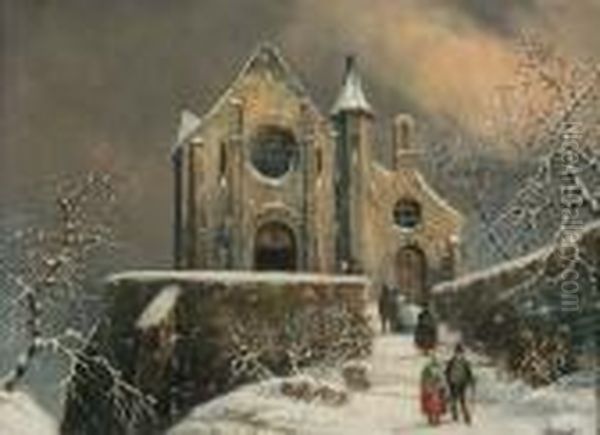 Winter Church Scene Oil Painting by George Morland