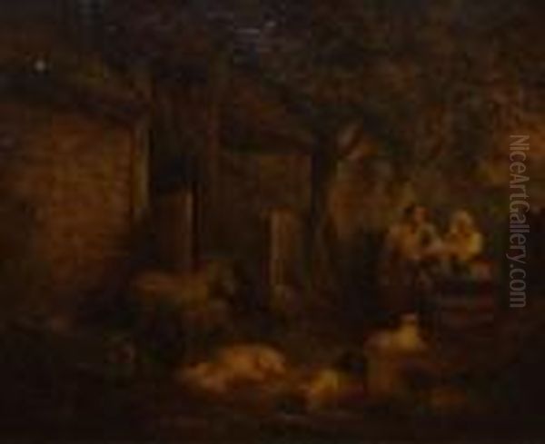 Figures And Animals By A Barn Oil Painting by George Morland