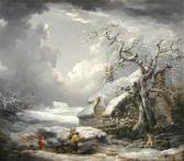 Faggot Gatherers In The Snow With Thatched Cottage Oil Painting by George Morland