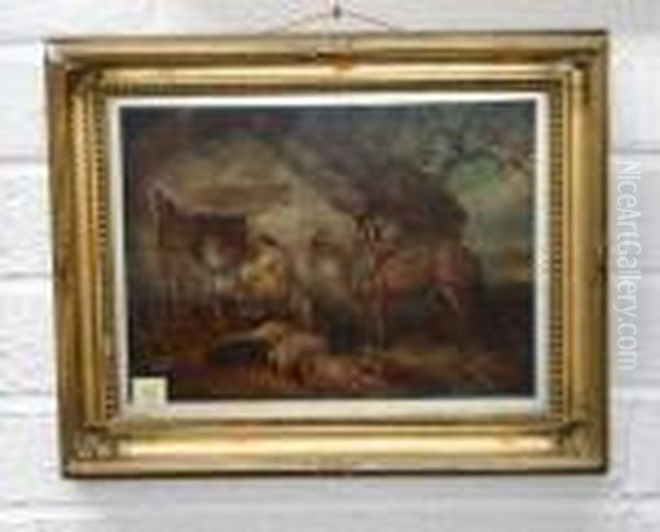 Figures, Horse And Swine Outside A Cottage Oil Painting by George Morland