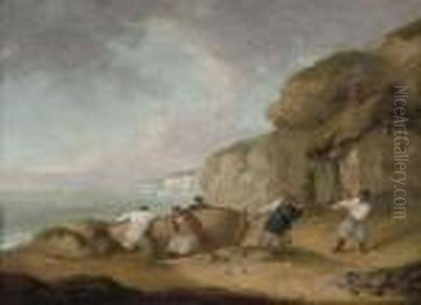 A Coastal Inlet With Fishermen Pulling Their Boat Ashore Oil Painting by George Morland