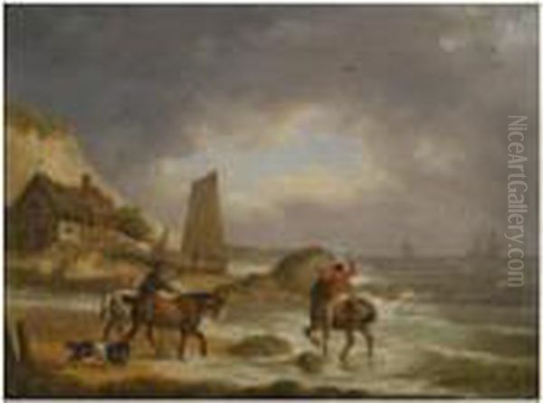 A Coastal Landscape Of The Isle Of Wight, With Figures On Horse Back Near A Cottage Oil Painting by George Morland