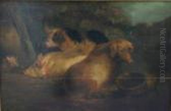 Three Pigs And Piglet In A Yard Oil Painting by George Morland