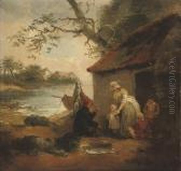 A Fisherman And His Family By A Cottage, Beside A Lake Oil Painting by George Morland