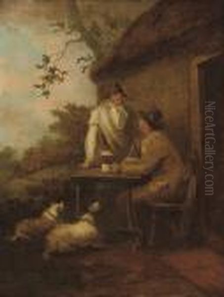 Two Men By A Tavern With Their Dogs Oil Painting by George Morland