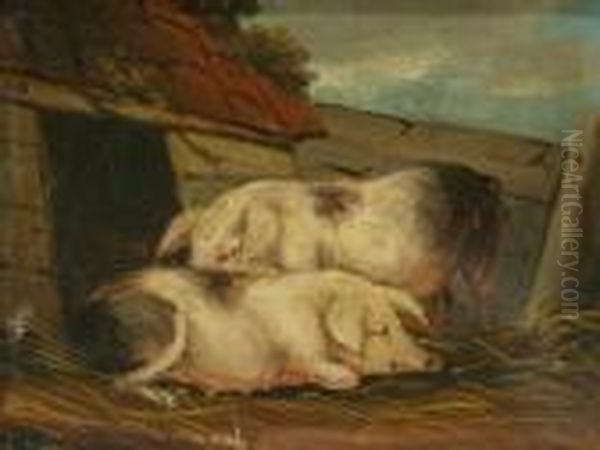 Two Pigs Outside A Sty Oil Painting by George Morland