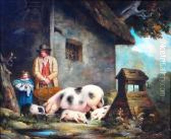 With Farmers' Wife And Daughter Looking On Oil Painting by George Morland