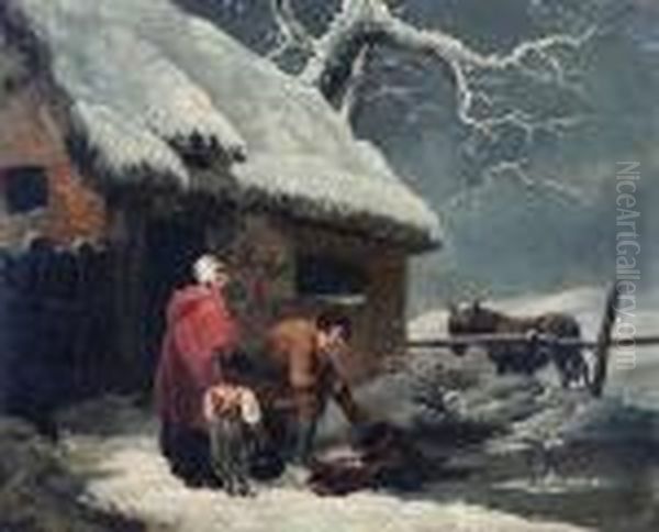 A Snowy Winter Scene With Figures Outside A Cottage Oil Painting by George Morland