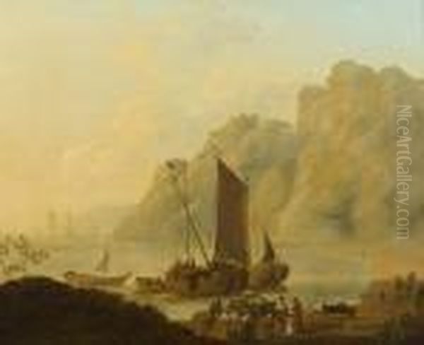 Unloading Ships Before A Rocky Headland Oil Painting by George Morland