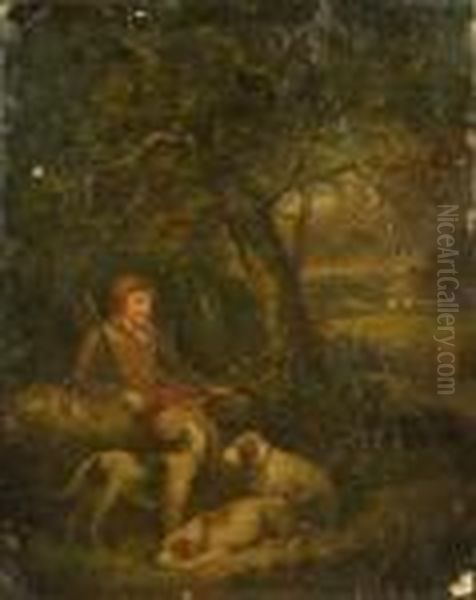 A Meagre Bag, Sportsman And Three Gundogs Resting Beneath A Tree M Oil Painting by George Morland