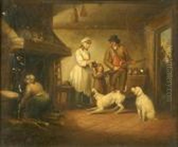 Kitchen Interior With Farmer, His Family And Gundogs Oil Painting by George Morland