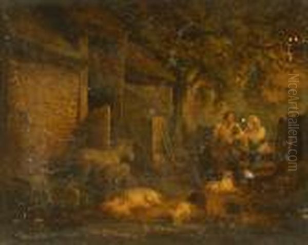 Rural Contentment, Shepherd, Companion And Dogs At A Gate, With Donkey, Foal And Pigs Oil Painting by George Morland