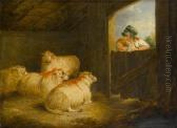 A Boy Looking Into A Pigsty; A Barn Interiorwith Two Girls Observing Sheep, A Pair Oil Painting by George Morland