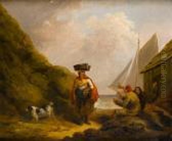 A Fisherwoman On The Shore, Men Drinkingbefore A Hut Oil Painting by George Morland