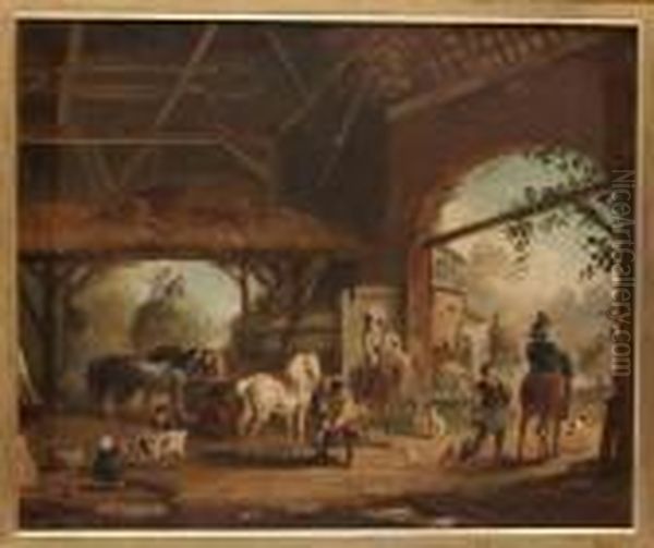 Stallinterior Med Figurer Och Hastar Oil Painting by George Morland