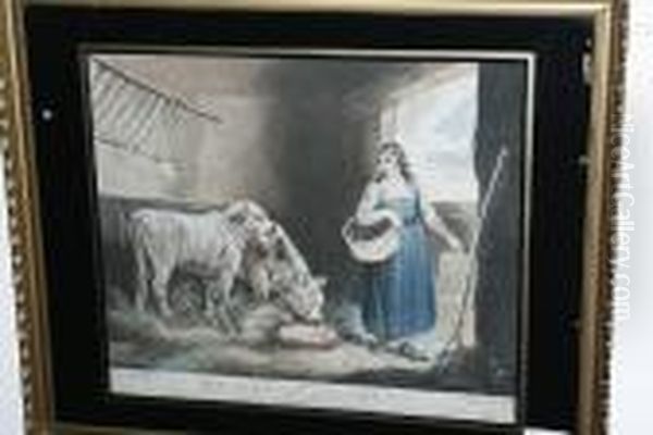 Girl With Calves And Two Others Similar,colour Engravings, In Verre Eglomise Frames Oil Painting by George Morland