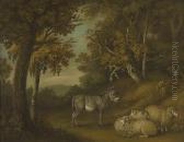 A Sand Picture Depicting A Donkey And Sheep Sheltering On A Wooded Country Track Oil Painting by George Morland