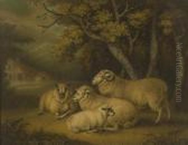 A Sand Picture Depicting Sheep Sheltering Under A Tree Before A Barn Oil Painting by George Morland