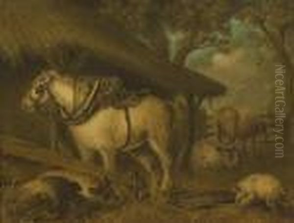 A Sand Picture Depicting A Shire
 Horse In Work Harness, Together With Swine And Cows In A Farmyard Oil Painting by George Morland