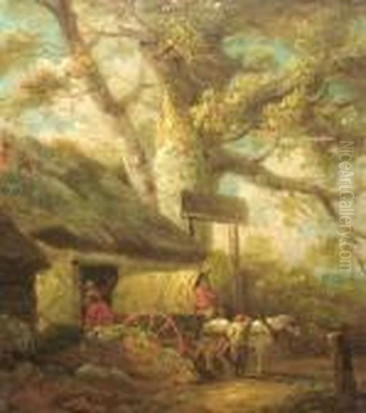 Travellers With A Cart And Horse By An Inn With Woodland Oil Painting by George Morland