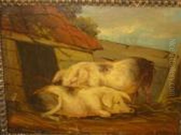 Two Pigs Near A Sty, Unsigned On Board Oil Painting by George Morland