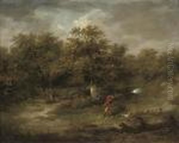 A Wooded Landscape With A Huntsman Pheasant Shooting Oil Painting by George Morland