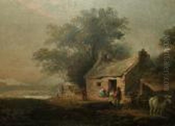 Figures By A Cottage With Woodland And Mountains Beyond Oil Painting by George Morland