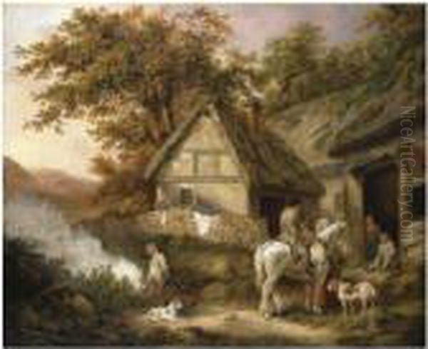 A Traveller Resting At A Cottage With A Boy Burning Weeds To Theleft Oil Painting by George Morland