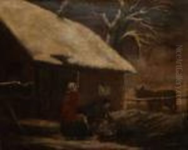 Figures With Donkey By A Snow-coveredcottage In Winter Oil Painting by George Morland