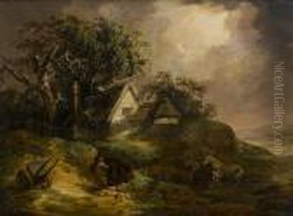 A Stormy Landscape With Farmers Seekingshelter And A Horse Frightened By Lightning Oil Painting by George Morland